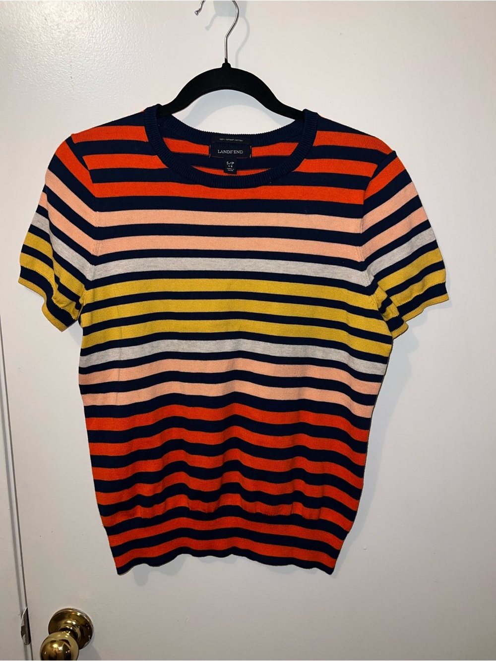Lands' End Short Sleeve Striped Knit Top - Navy, Red, Pink, Yellow